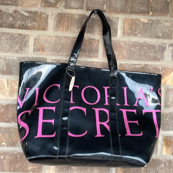 Victoria's Secret Handbags - Black Patent Victoria’s Secret Bag with Pink Glitter Lettering NWT
